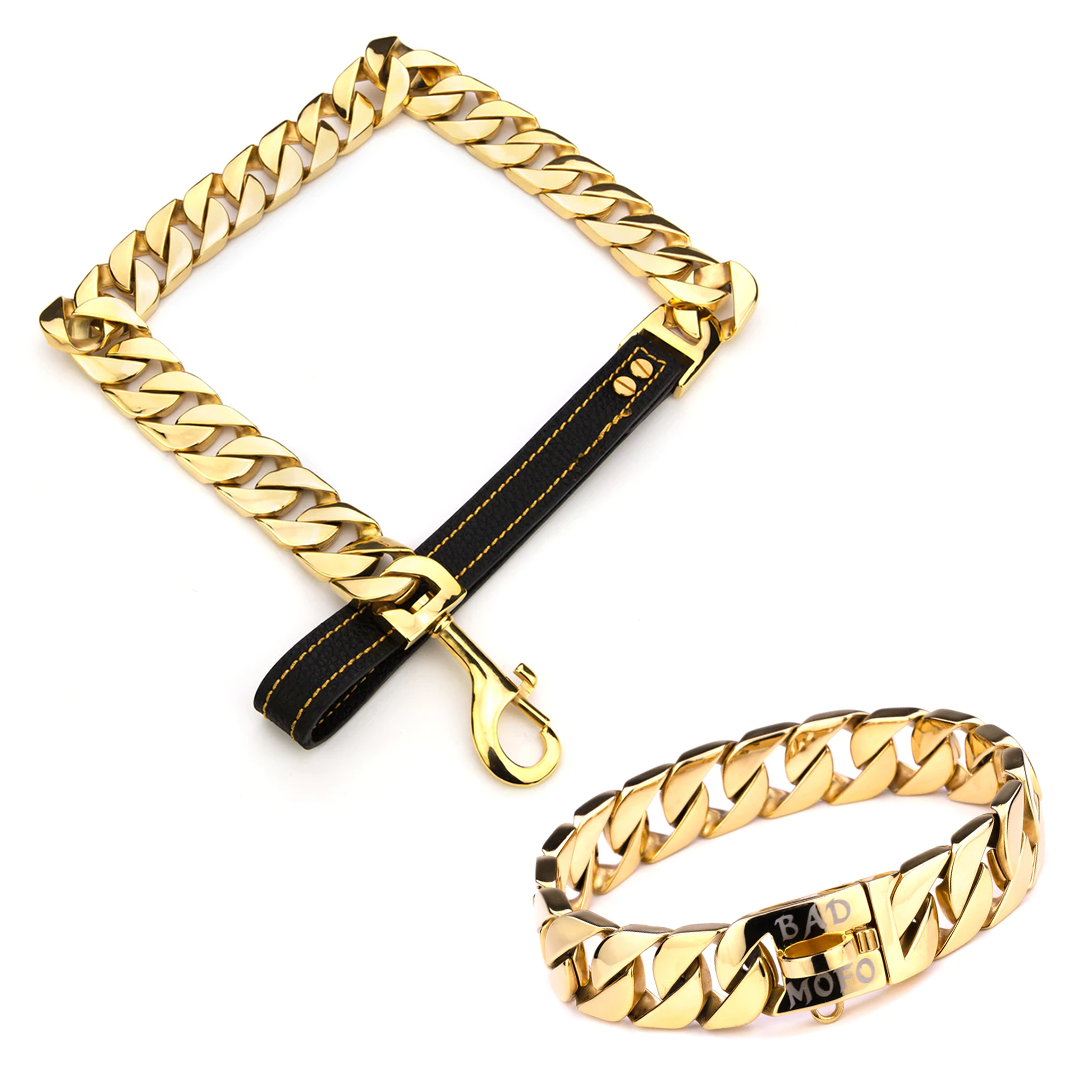 Gold Cuban Dog Collar + Leash Bundle
