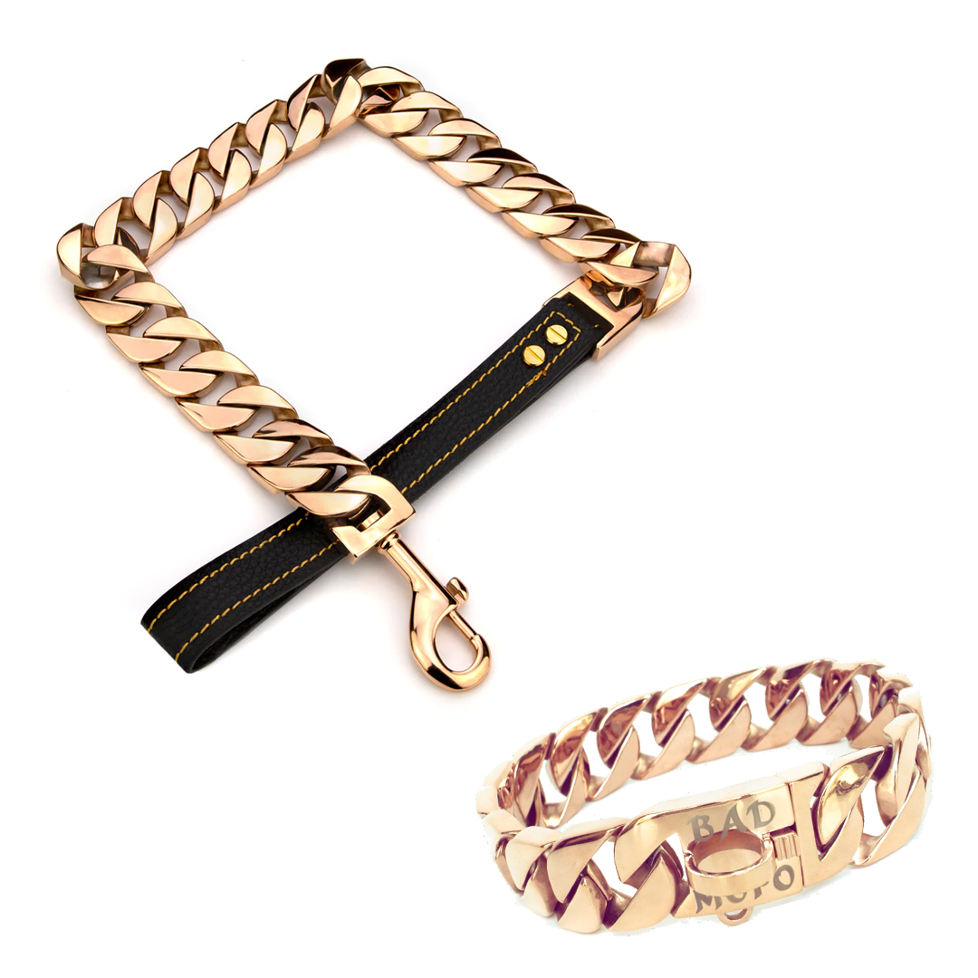 Rose Gold Cuban Dog Collar + Leash Bundle