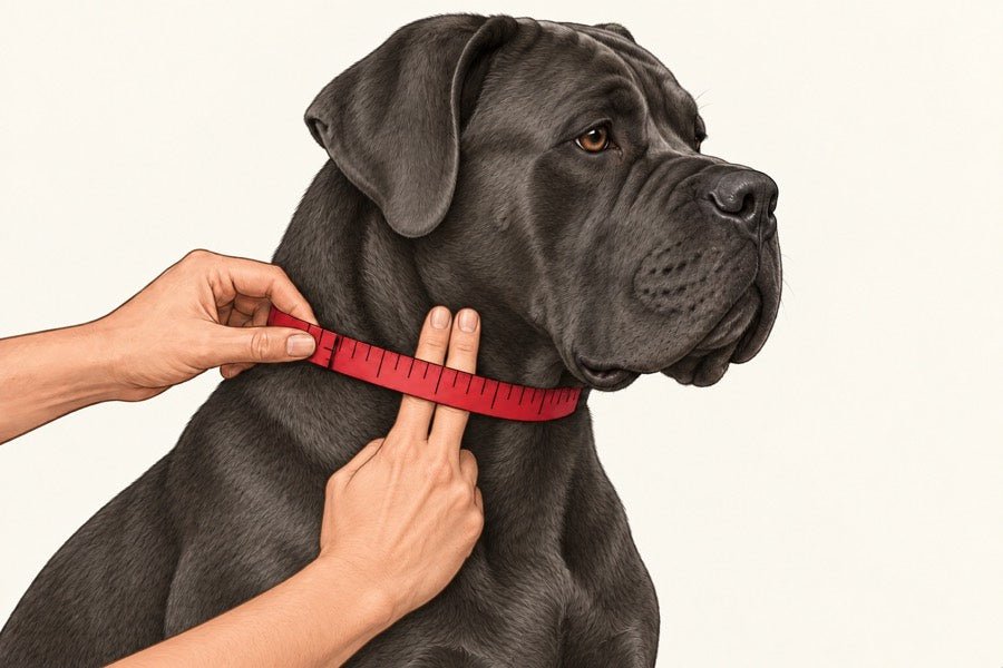 A Cane Corso with a tape around the middle of its neck. Two fingers sit between the tape and fur while another hand holds the overlap.