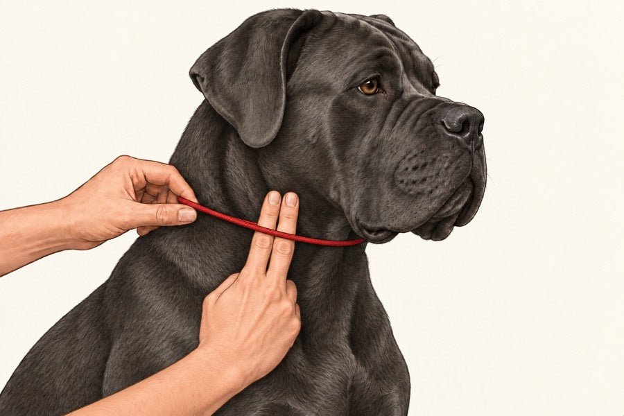 The same Cane Corso measured with a shoelace. Two fingers sit beneath the loop while another hand pinches where its ends meet.